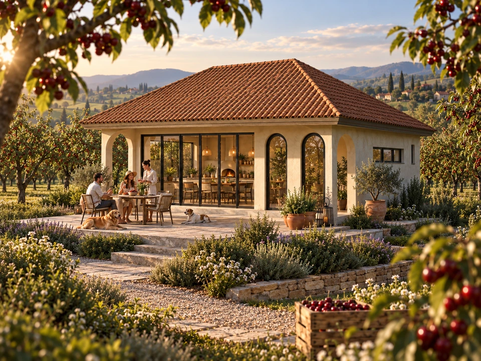Summer kitchen in a cherry orchard — Olt — Summer kitchen and orchard-facing terrace · rendering
