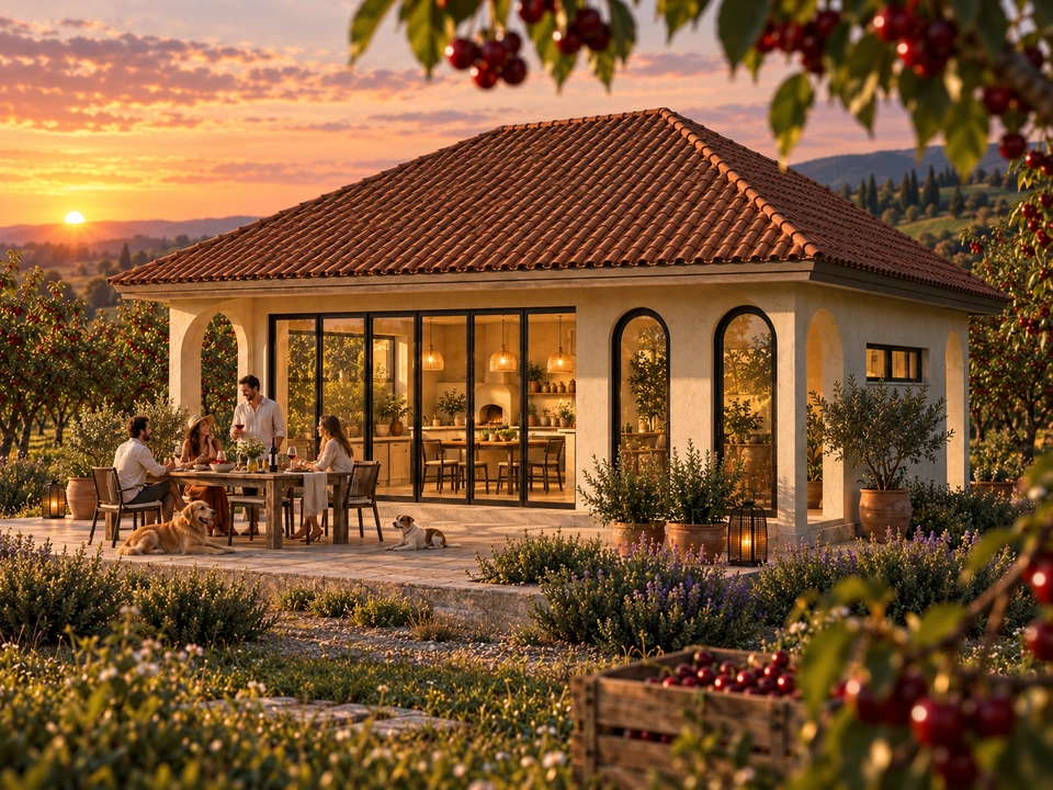 Summer kitchen in a cherry orchard — Olt — Terrace and dining space at sunset · rendering