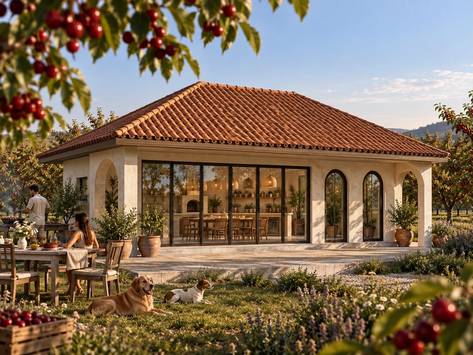Summer kitchen in a cherry orchard — Olt — Glazed facade and pavilion arches · rendering