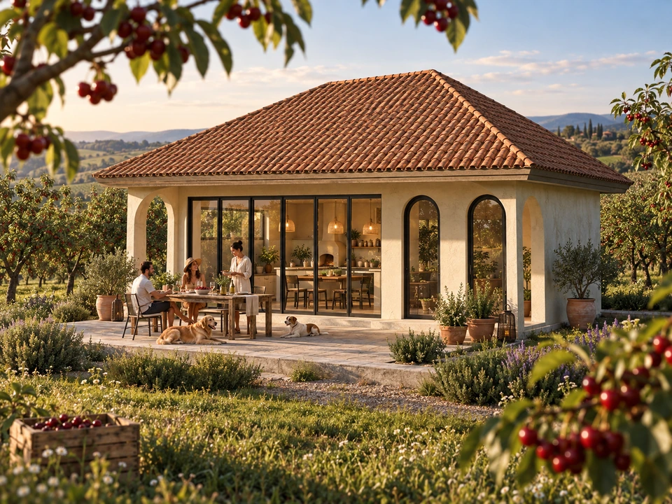 Summer kitchen in a cherry orchard — Olt — Tiled-roof pavilion and garden setting · rendering