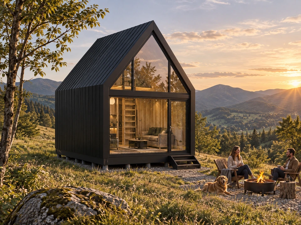 Tiny house în Gorj — Fațada vitrată deschisă către peisaj