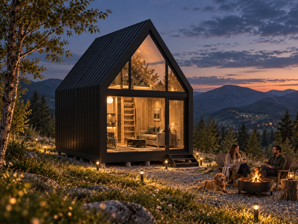 Tiny house în Gorj — Lumina interioară la lăsarea serii