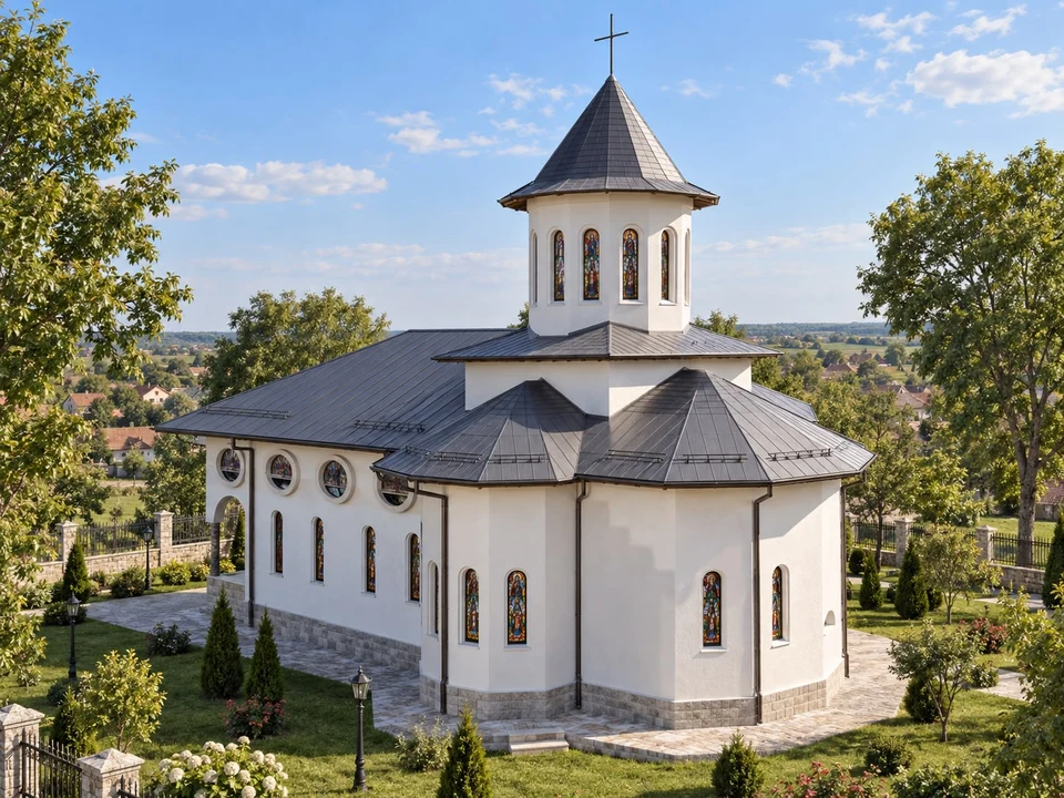 Biserică cu abside laterale în Dolj — Absidele și turla bisericii · vizualizare arhitecturală