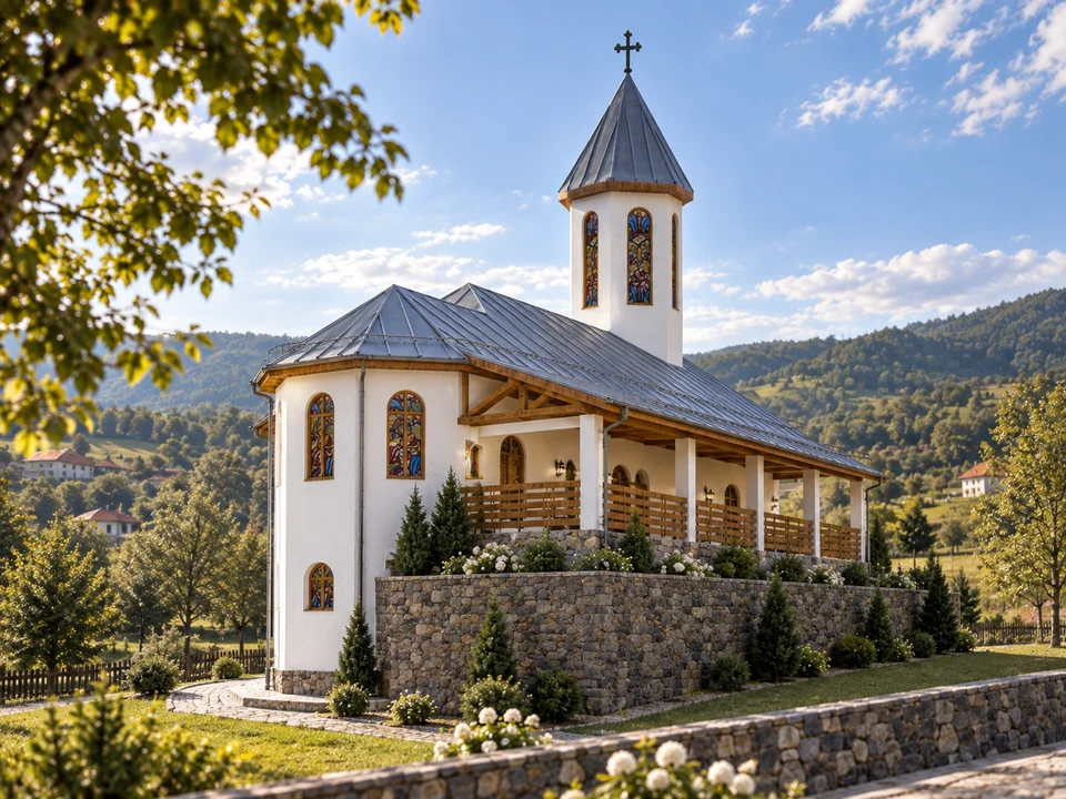 Biserică în Gorj — Pridvorul din lemn și zidurile din piatră · vizualizare arhitecturală