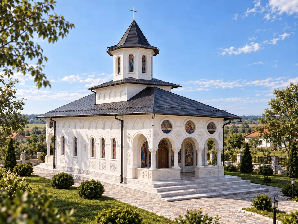 Biserică cu pridvor și turlă în Dolj — Pridvorul și detaliile fațadei · vizualizare arhitecturală