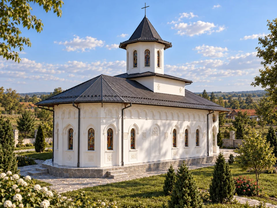 Biserică cu pridvor și turlă în Dolj — Fațada laterală și ritmul ferestrelor · vizualizare arhitecturală