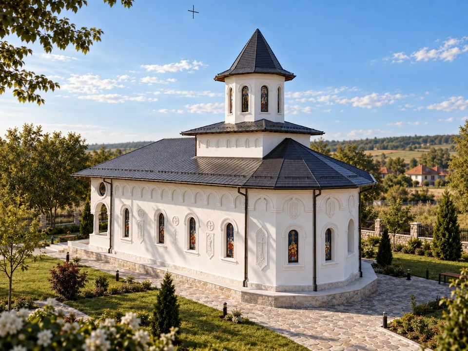 Biserică cu pridvor și turlă în Dolj — Absida și amenajarea din jurul bisericii · vizualizare arhitecturală
