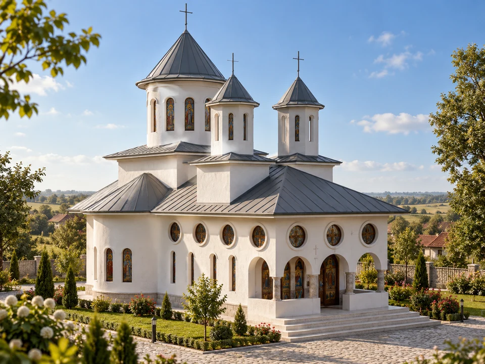 Biserică cu trei turle în Dolj — Pridvorul cu arcade și cele trei turle · vizualizare arhitecturală