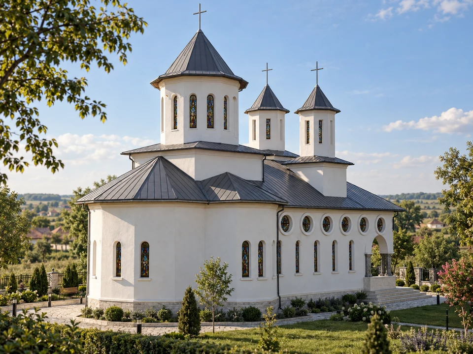 Biserică cu trei turle în Dolj — Perspectivă dinspre absidă și fațada laterală · vizualizare arhitecturală
