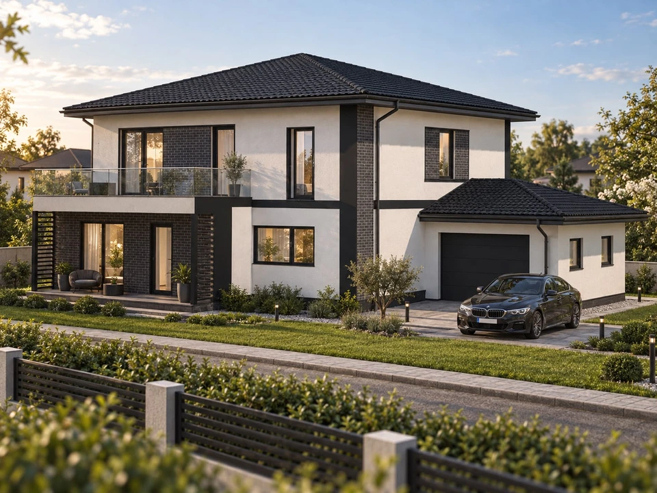 House with attic and garage in Gorj — Main facade and garage · architectural visualisation