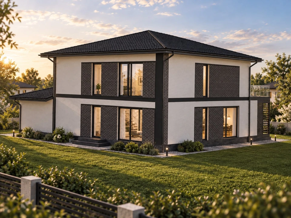 House with attic and garage in Gorj — Garden-facing facades · architectural visualisation