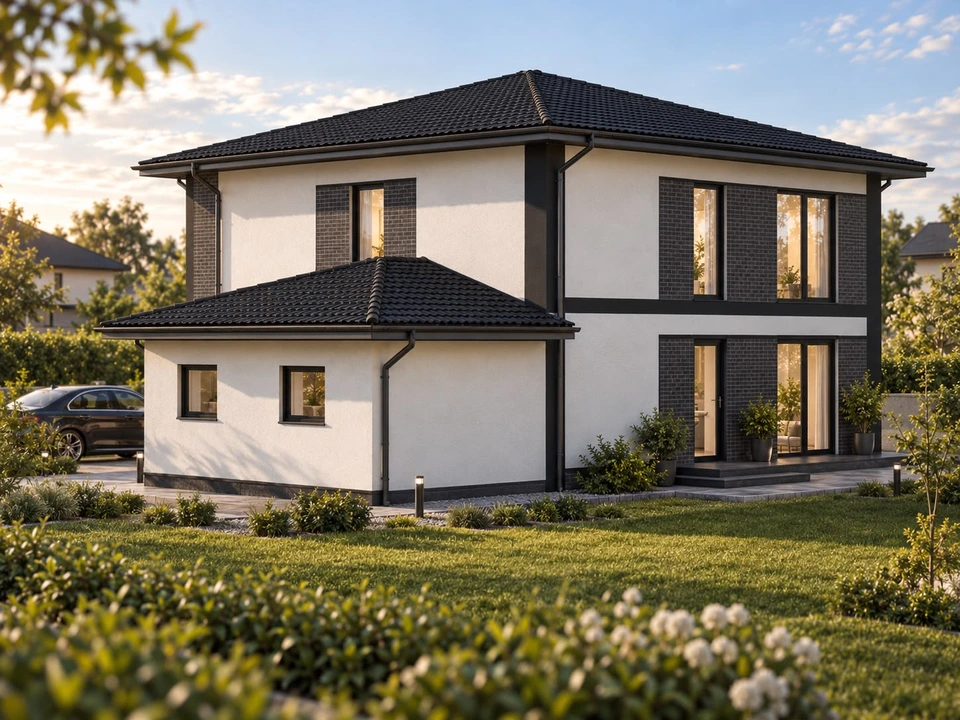 House with attic and garage in Gorj — Garage volume and side facade · architectural visualisation