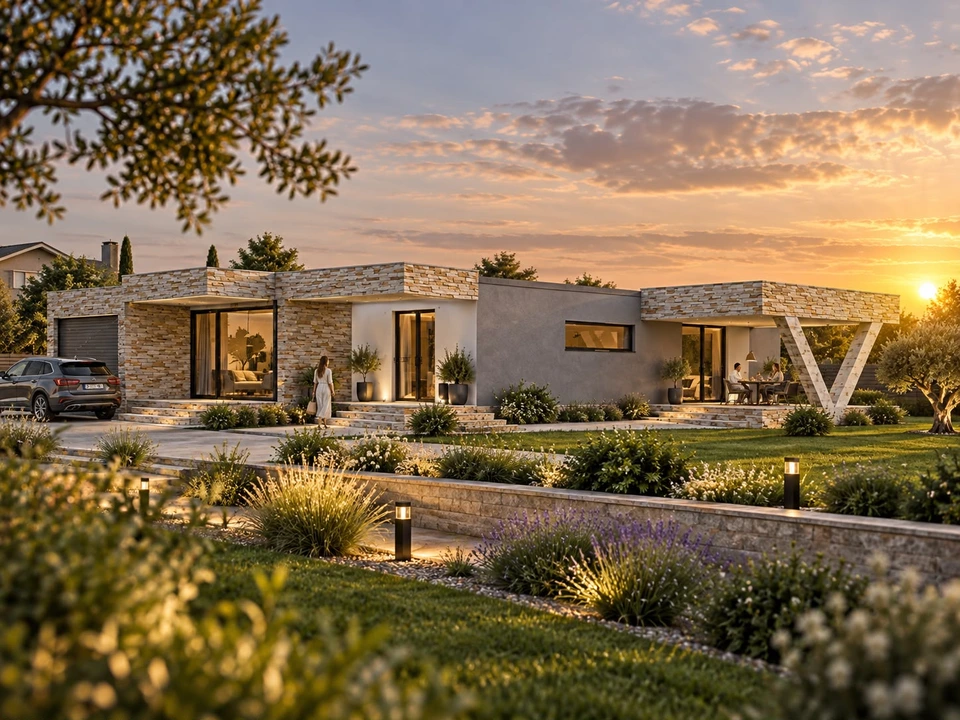 Single-storey house with covered terrace in Ilfov — Overall view and covered terrace · architectural visualisation