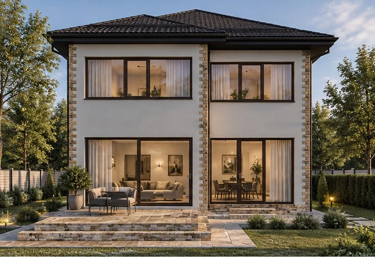 House in Popești-Leordeni, Ilfov — Garden-facing facade · architectural visualisation