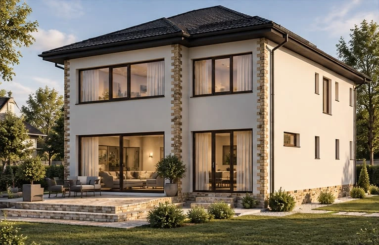 House in Popești-Leordeni, Ilfov — Terrace and side facade · architectural visualisation