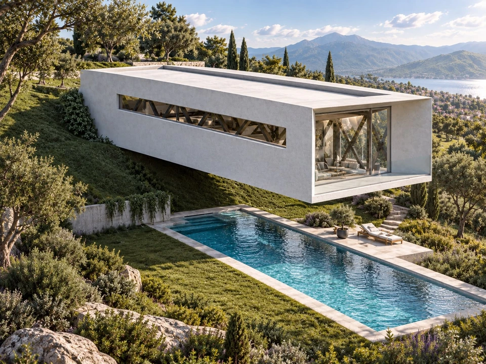 Casă suspendată în Ilfov — Perspectivă de ansamblu și piscina · vizualizare de concept