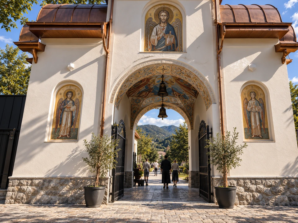 Clopotniță în Gorj — Pasajul boltit și decorația pictată · vizualizare arhitecturală