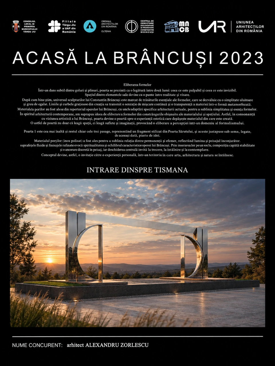 Acasă la Brâncuși 2023 — concurs în Gorj — Intrare dinspre Tismana · planșă de concurs