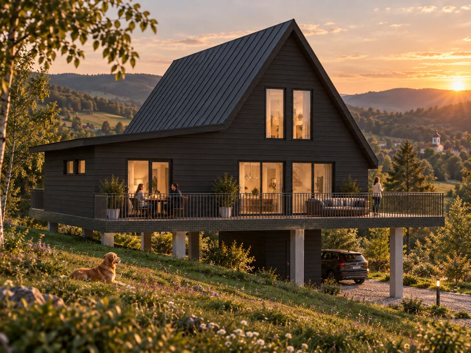 Guesthouse in Horezu, Vâlcea — View from the slope · architectural visualisation
