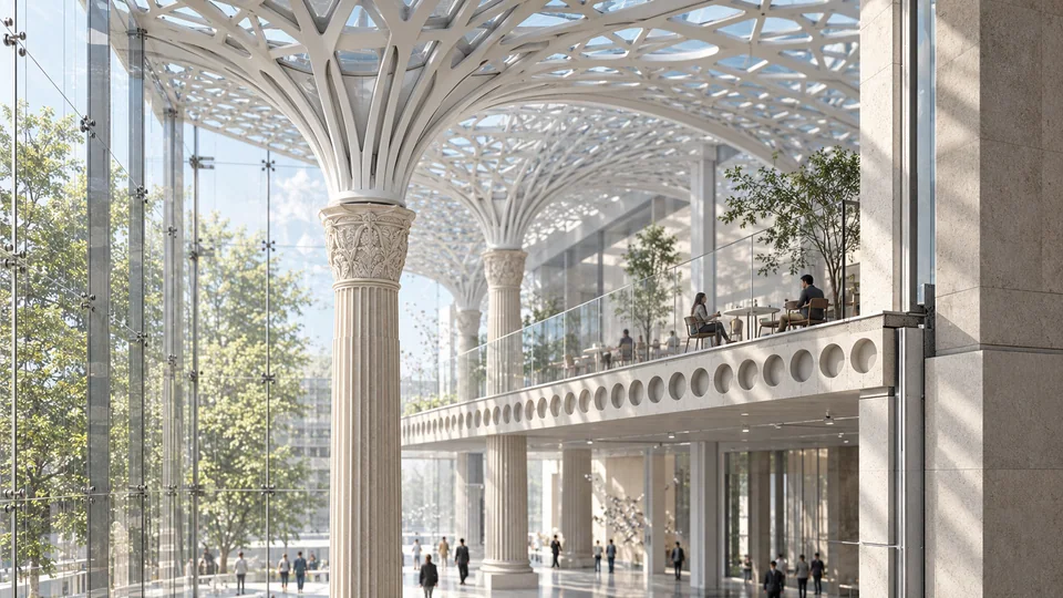 Centru cultural Artă și tehnologie — București — Detaliu interior al coloanelor și structurii acoperișului · randare
