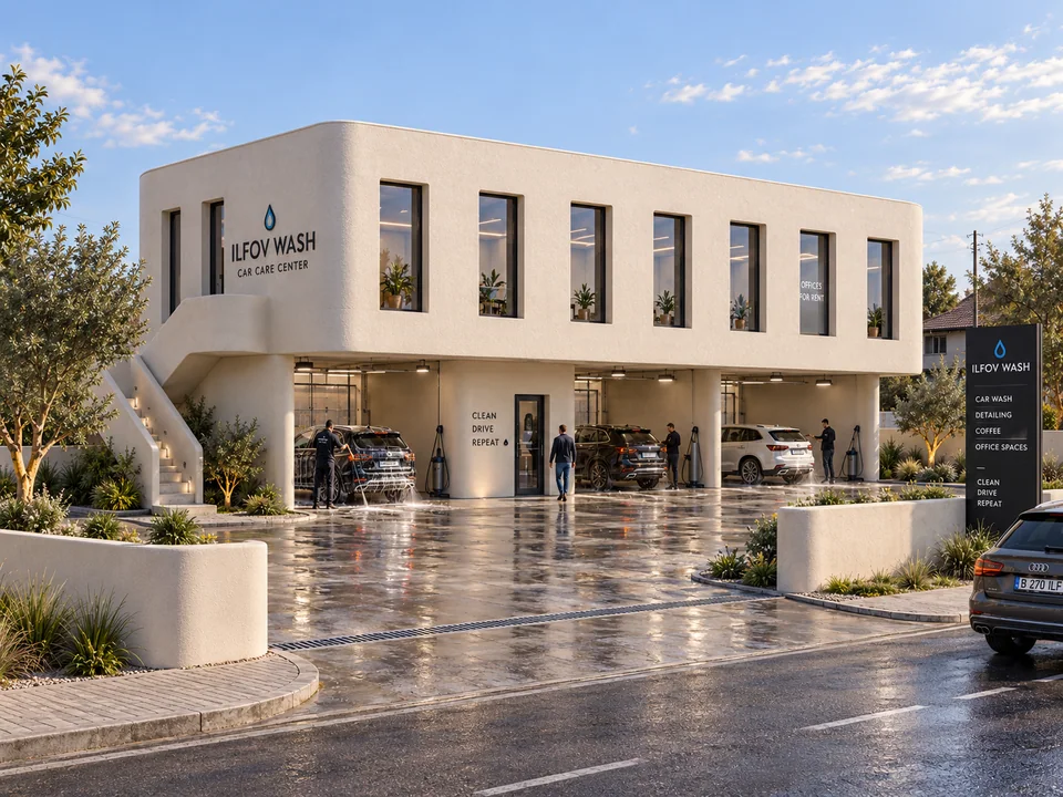 Spălătorie auto și spațiu comercial în Ilfov — Spălătoria și spațiul comercial la etaj · vizualizare arhitecturală