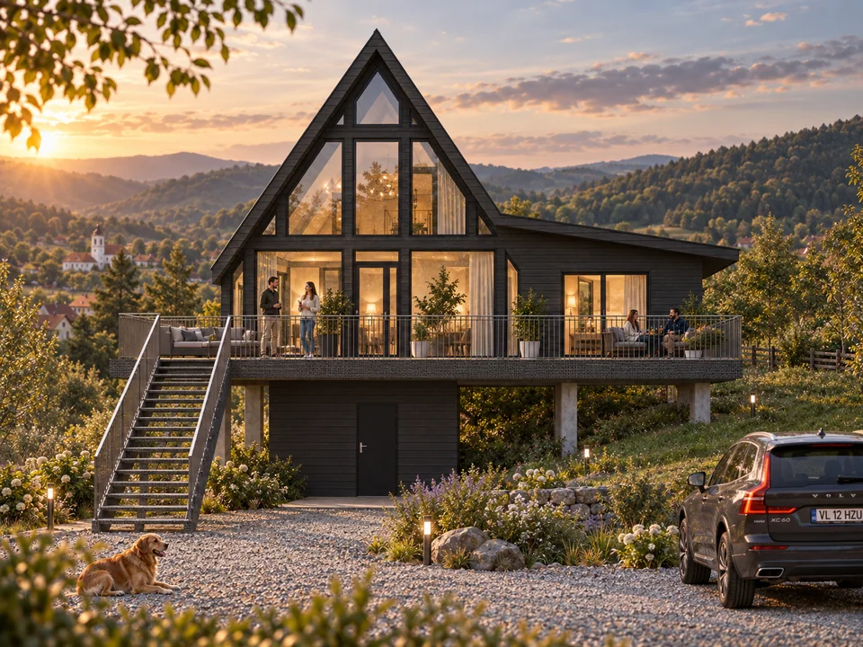 Guesthouse in Horezu, Vâlcea — Glazed facade and entrance · architectural visualisation