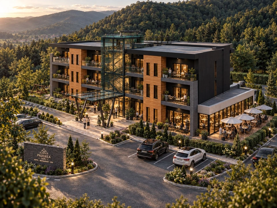 Hotel în Gorj — Hotelul și amenajarea exterioară · vizualizare arhitecturală