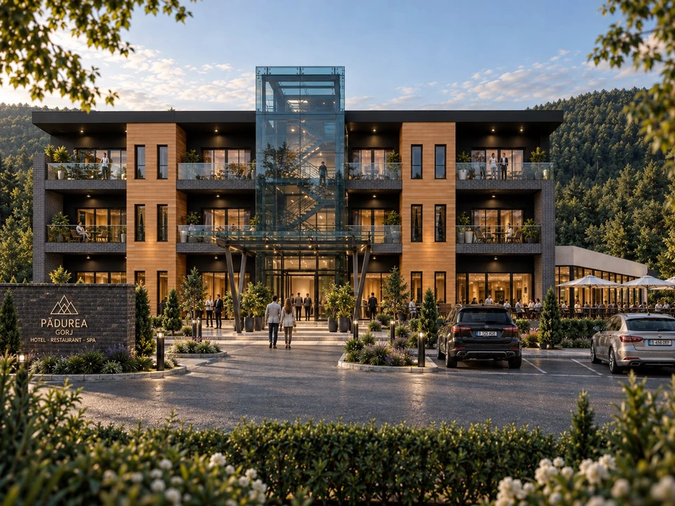 Hotel în Gorj — Fațada principală · vizualizare arhitecturală