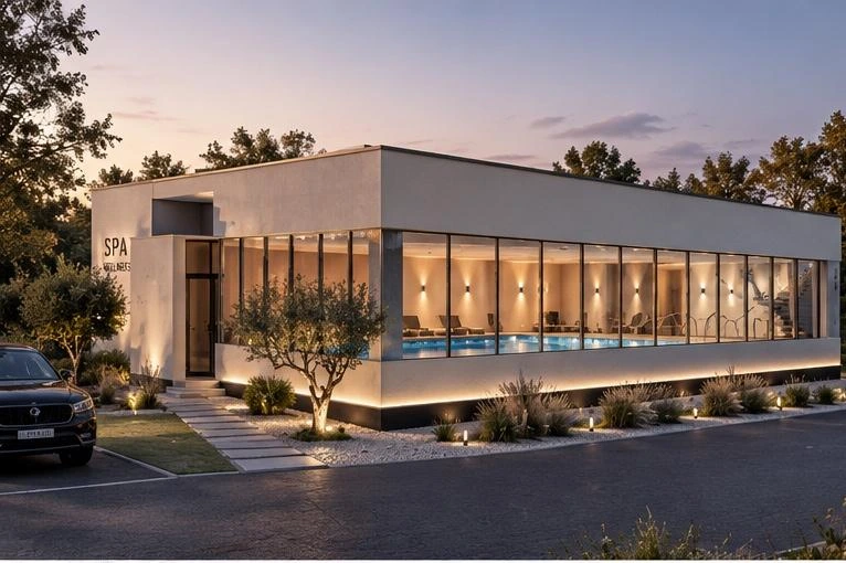 Spa în Gorj — Fațada vitrată a piscinei · vizualizare arhitecturală