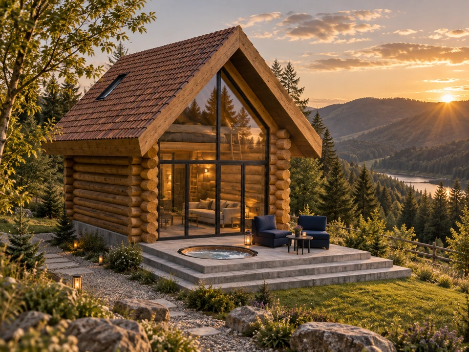 Tiny house in Valea Doftanei — Glazed front and terrace · architectural visualisation