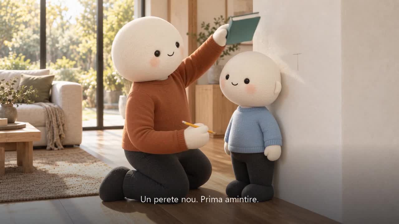 Un tată marchează înălțimea copilului pe perete — cadru din film